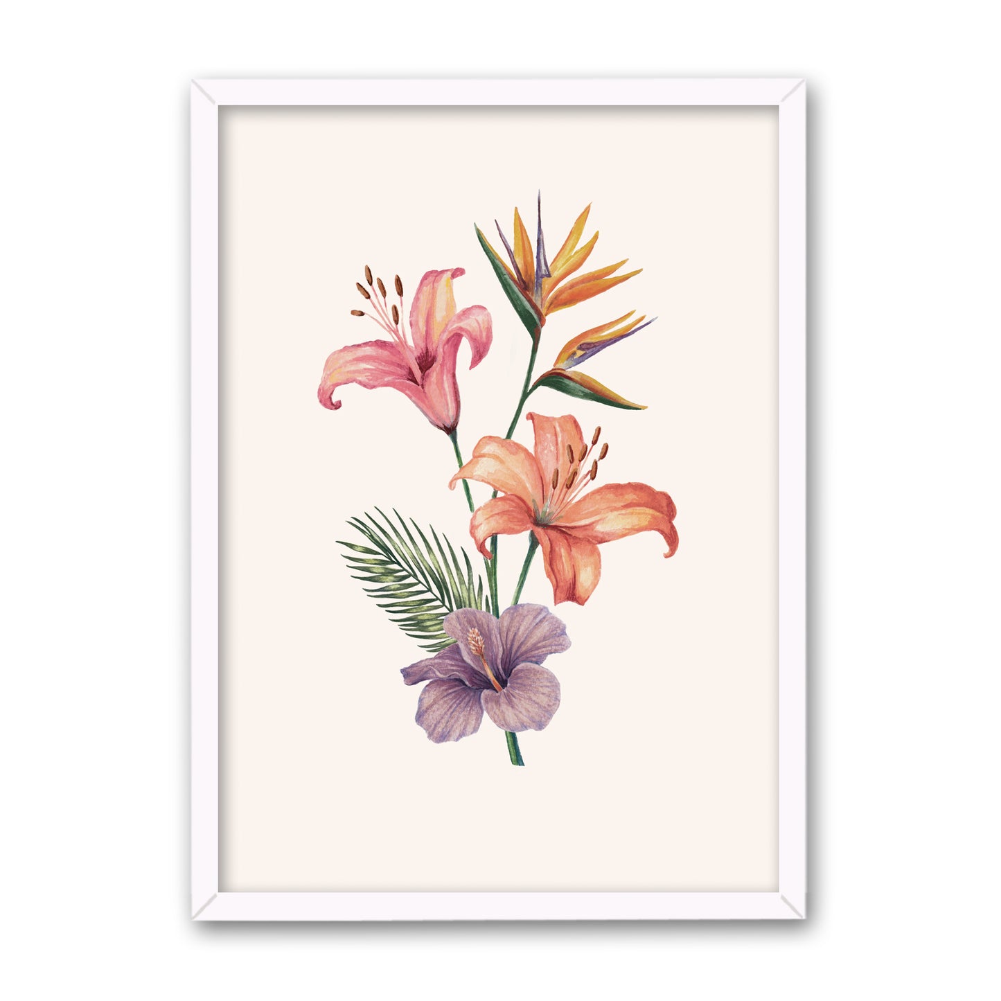 Framed artwork of colorful flowers on a white background