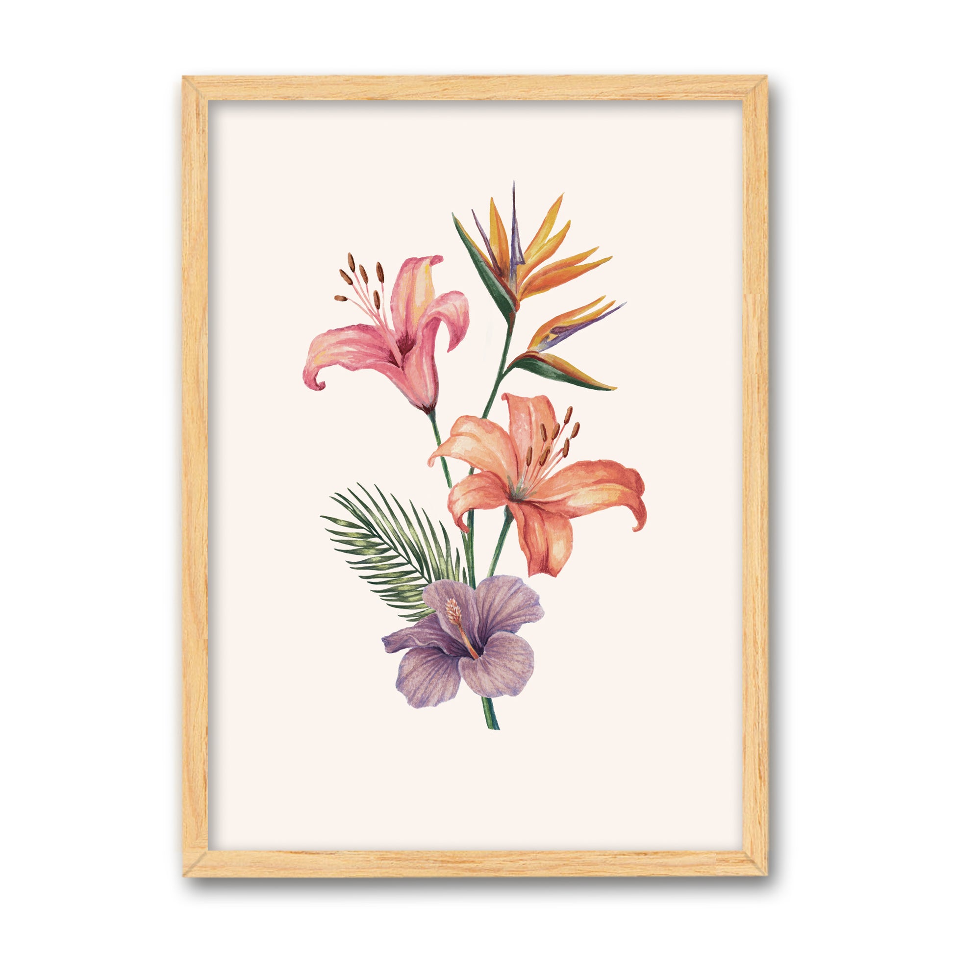 Framed artwork of colorful flowers on a white background