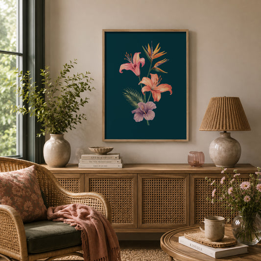 Living room with wicker chair, wooden cabinet, and floral artwork on the wall.