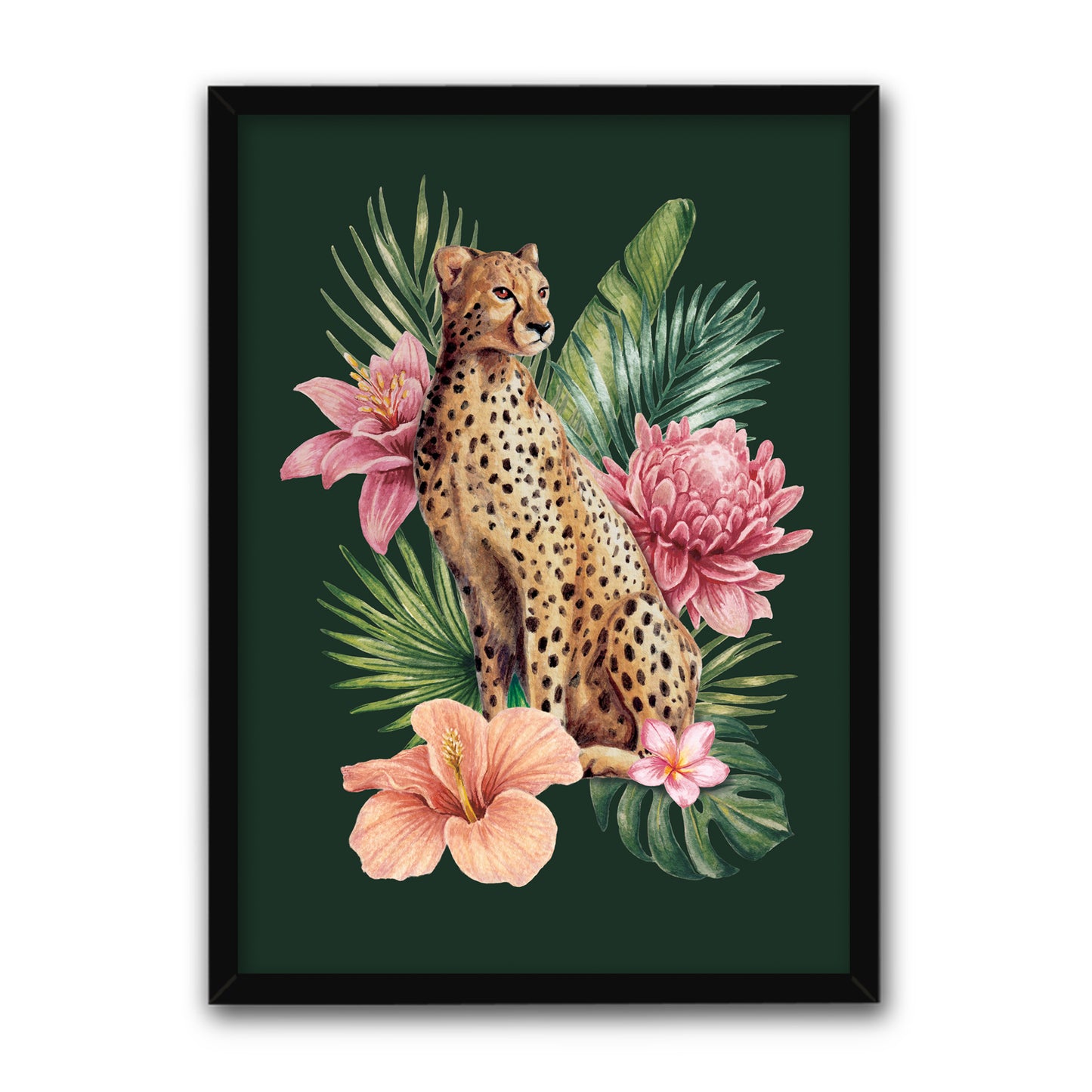 Framed artwork of a cheetah surrounded by pink flowers and green leaves on a dark green background.