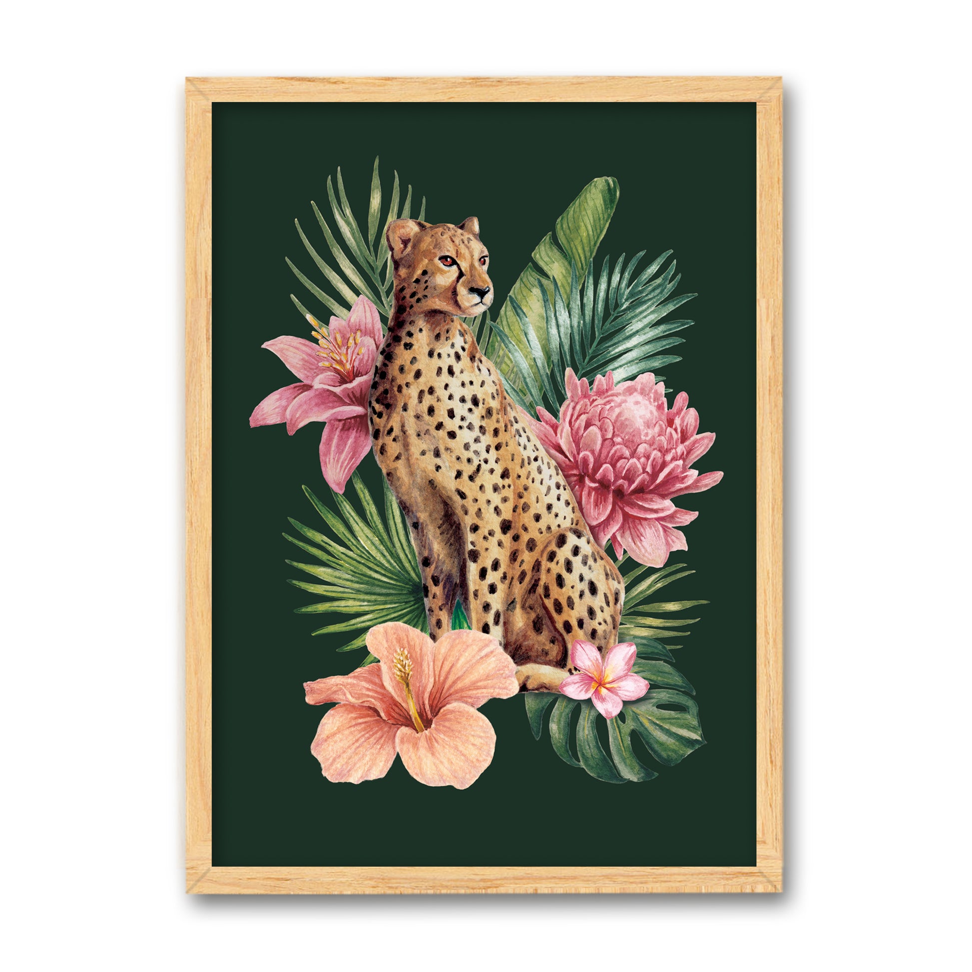 Framed artwork of a cheetah surrounded by pink flowers and green leaves on a dark green background.