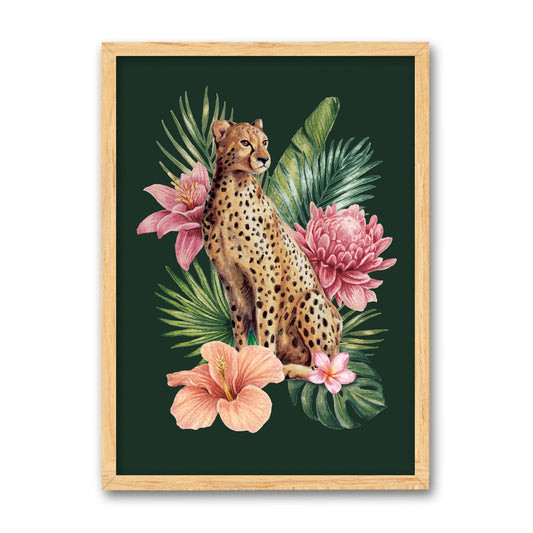 Framed artwork of a cheetah surrounded by pink flowers and green leaves on a dark green background.