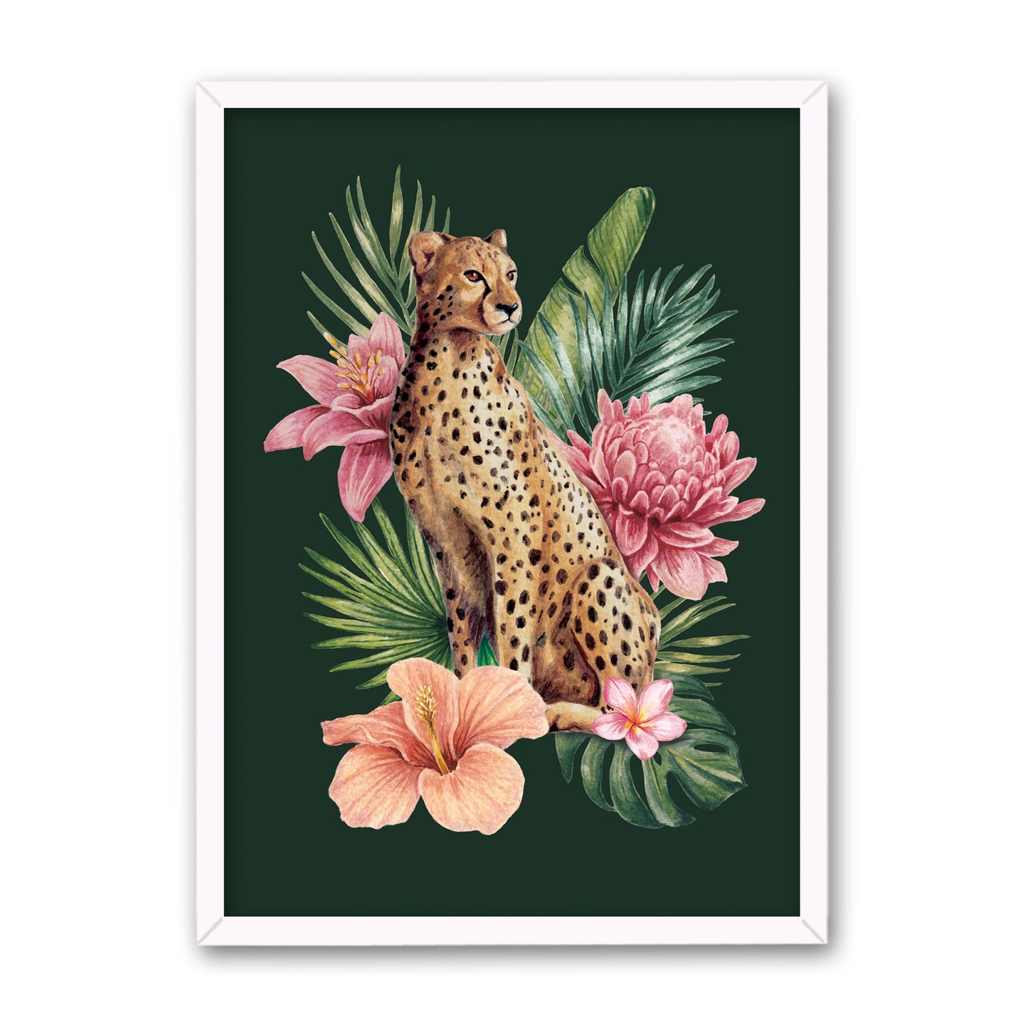 Framed artwork of a cheetah surrounded by tropical flowers and leaves on a dark green background.
