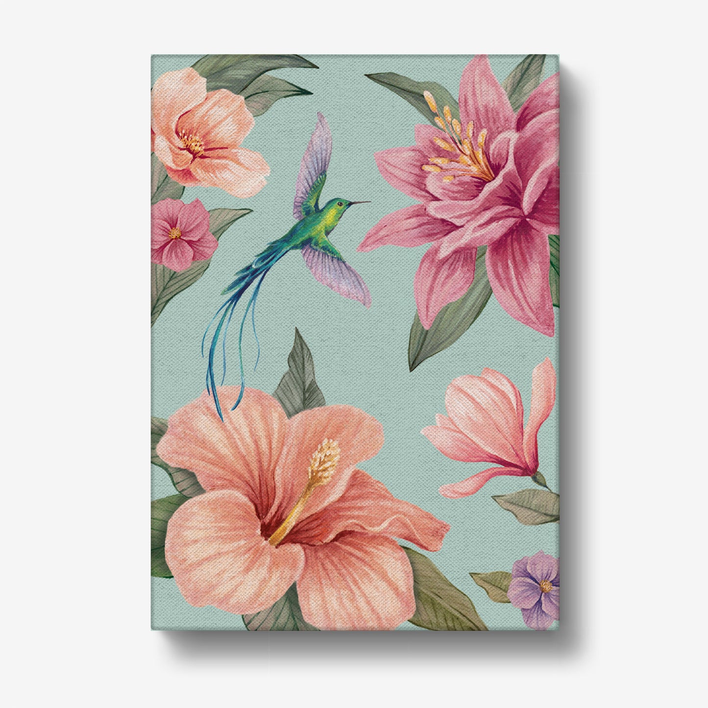 Stretched canvas print of a floral design with pink flowers and a hummingbird on an aqua blue background