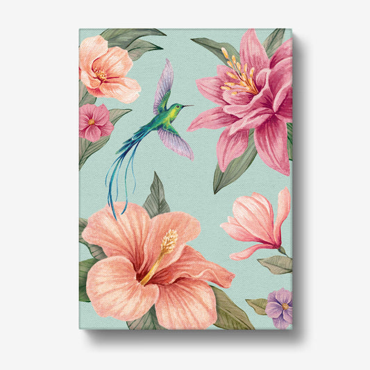 Floral design with pink flowers and a hummingbird on an aqua blue background