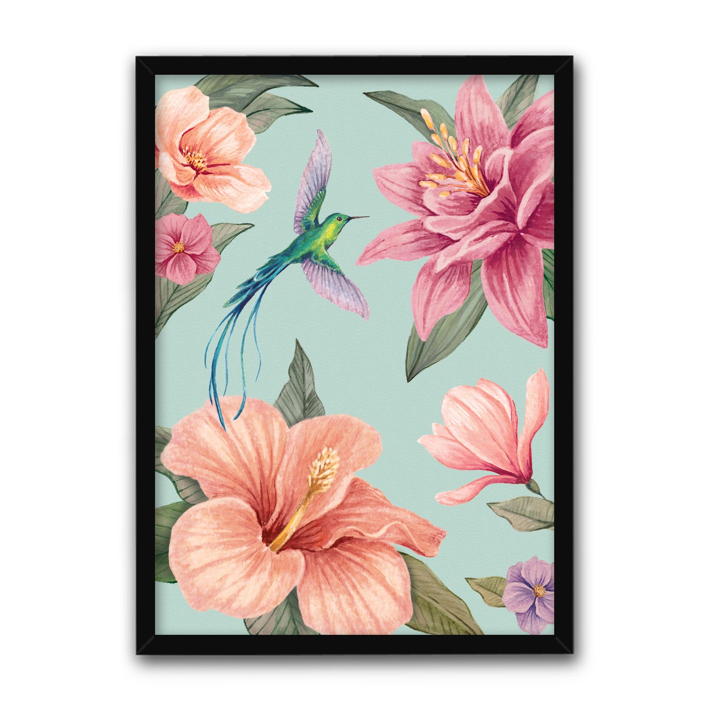 Framed artwork with pink flowers and a hummingbird on an aqua blue background in a black frame
