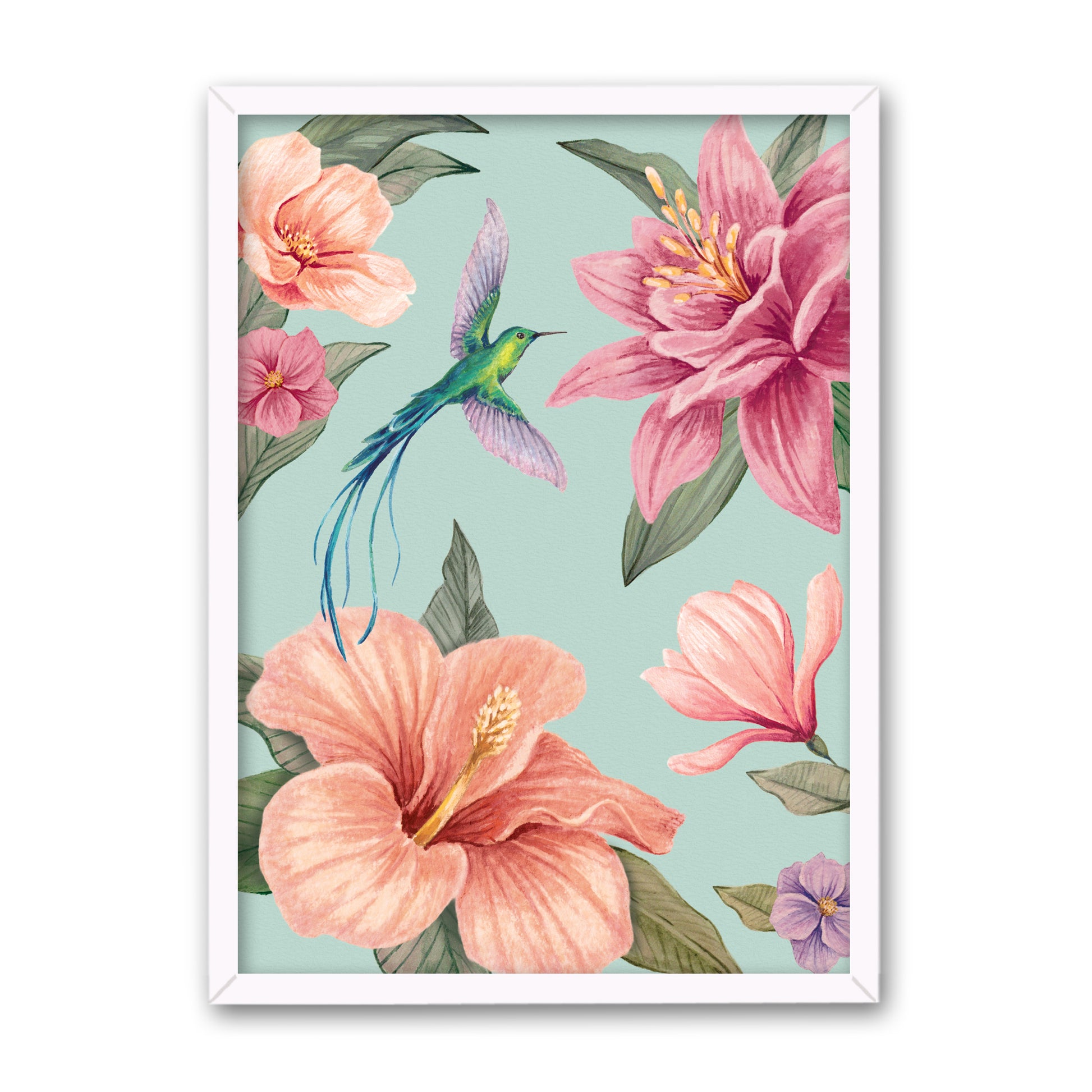 Framed artwork with pink flowers and a hummingbird on an aqua blue  background in a white frame
