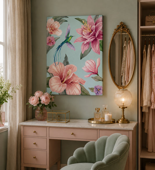 Decorative interior with a floral hummingbird painting, desk, and chair.