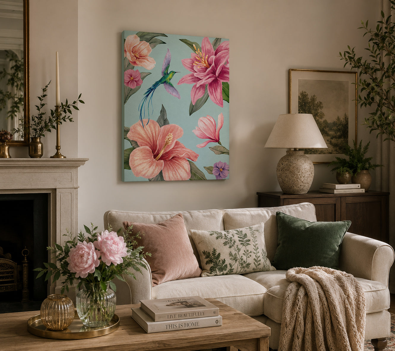 Living room with a floral hummingbird painting on the wall, a couch with pillows, and a coffee table with decor items.