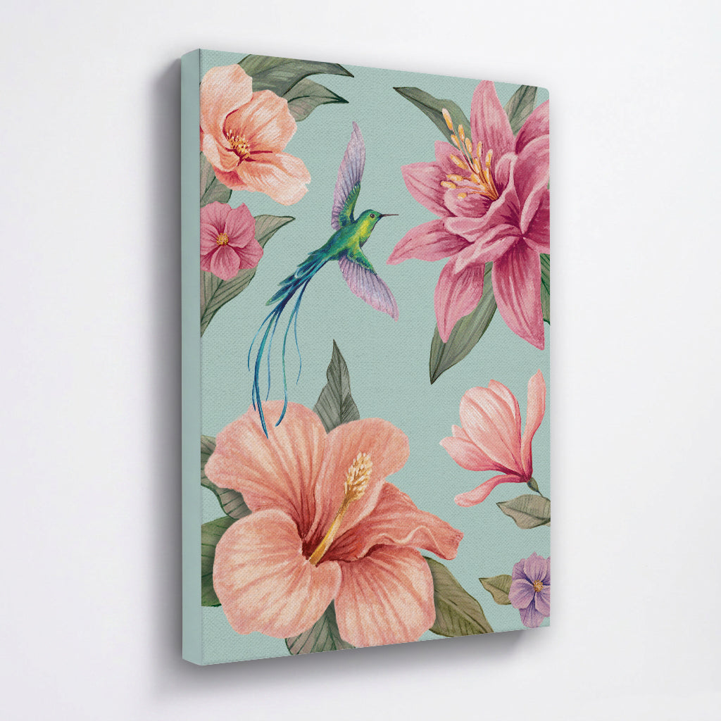 Canvas print with a hummingbird and pink flowers on an aqua blue background