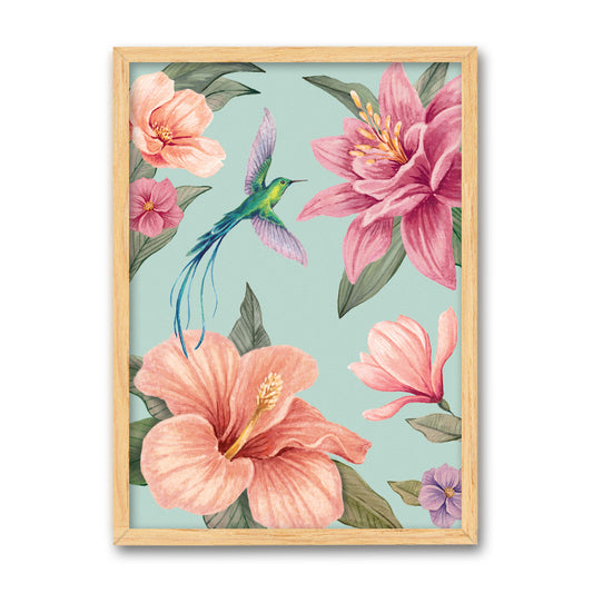 Framed artwork with pink flowers and a hummingbird on an aqua blue background in a wooden frame