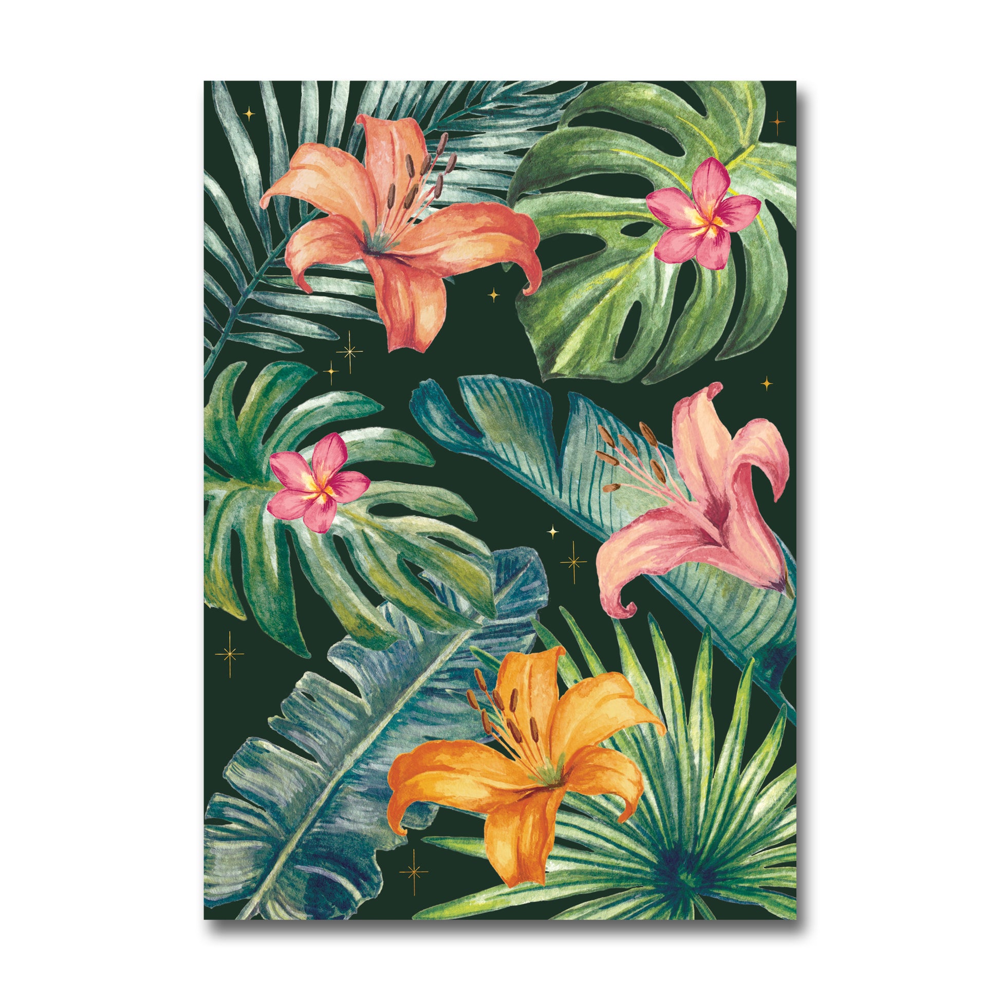 Tropical leaf and flower design on a dark green background