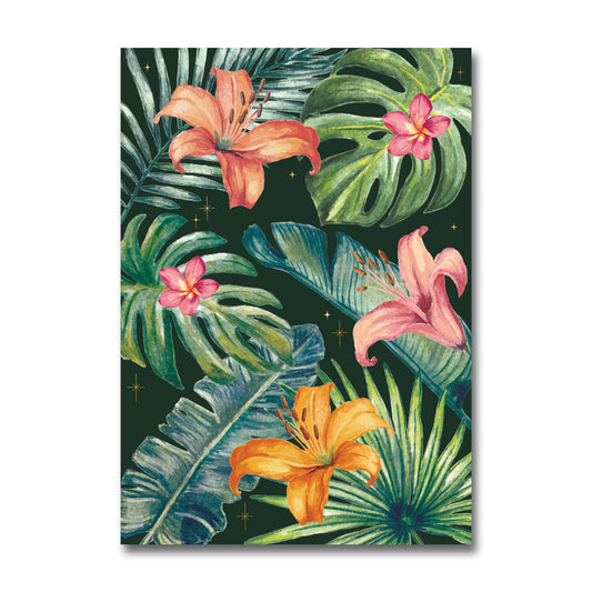 Tropical leaf and flower design on a dark green background