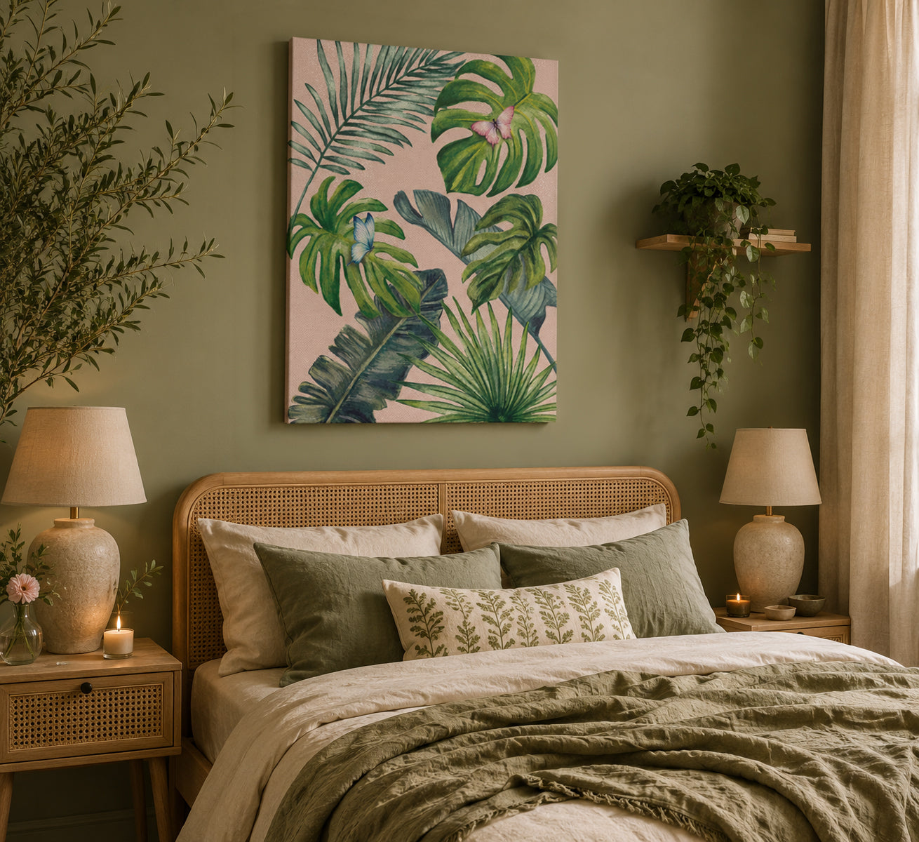 Cozy bedroom with a bed, lamps, and a tropical leaf painting on the wall.