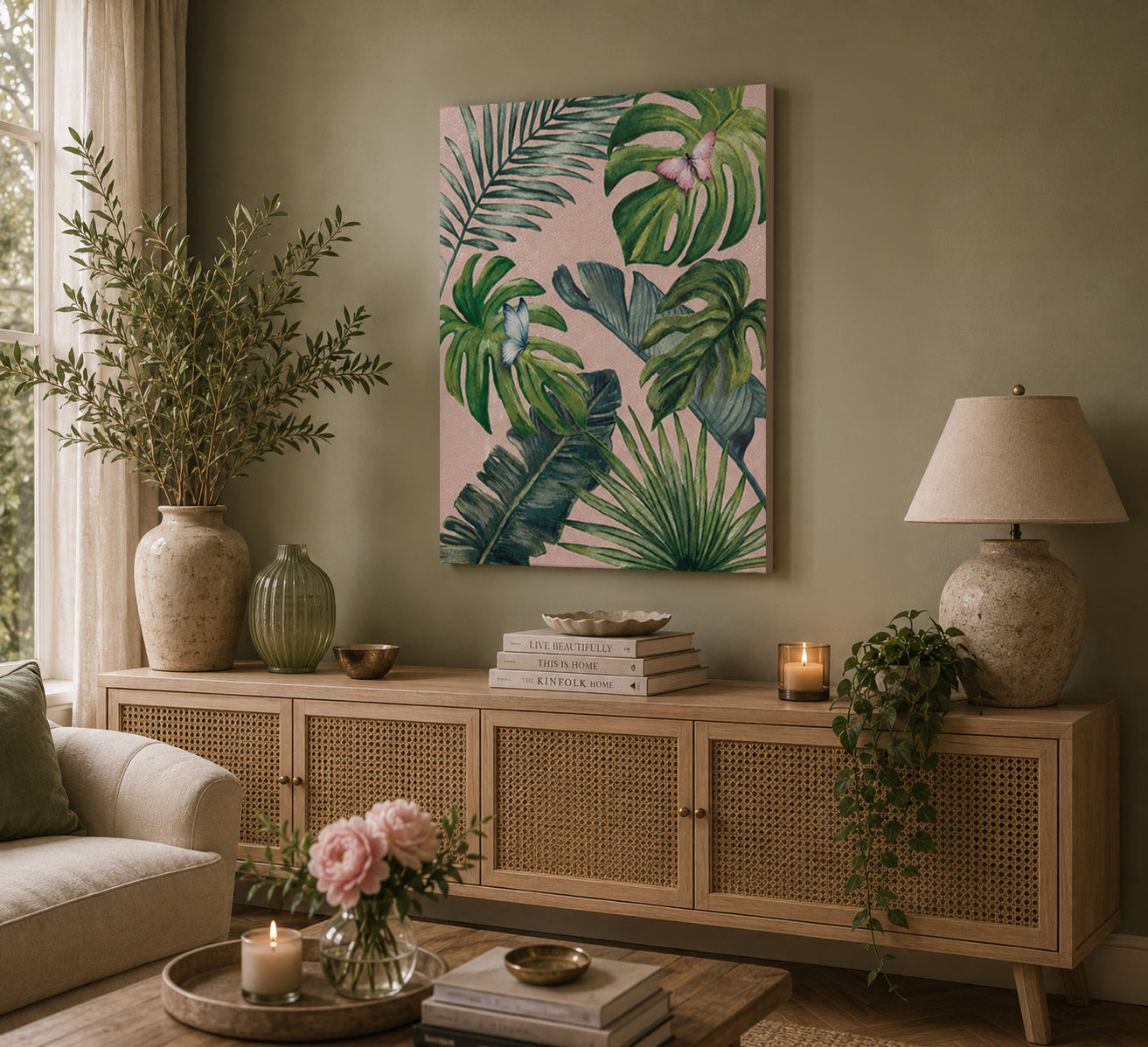 Living room with a wooden cabinet, decorative plants, and a tropical leaf painting.