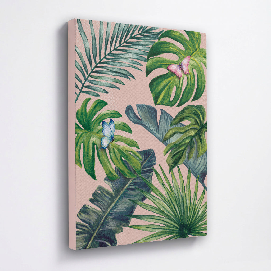 Canvas print with tropical leaf design on a pink background