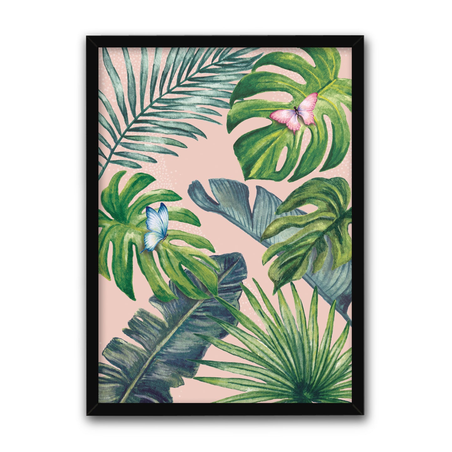 Framed artwork with tropical leaves and butterflies on a pink background in a black frame