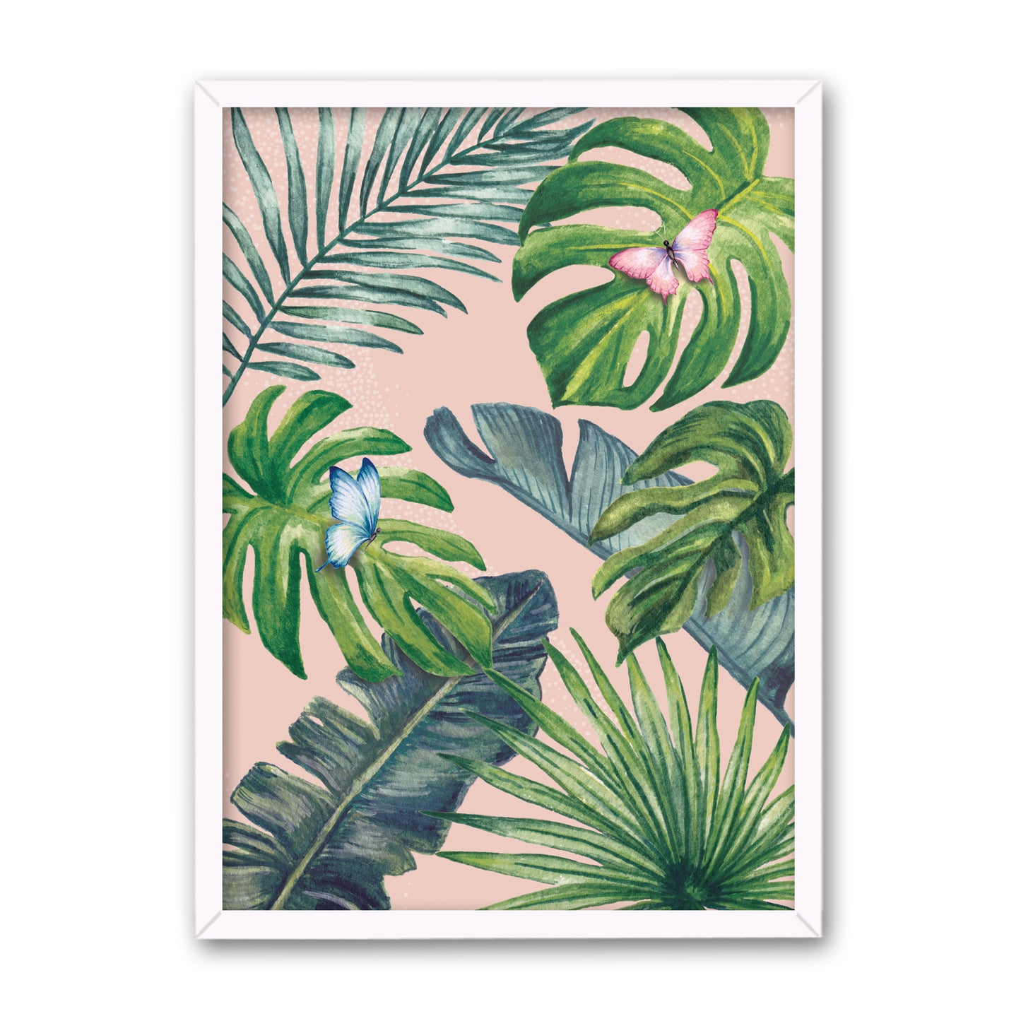 Framed artwork with tropical leaves and butterflies on a pink background in a white frame