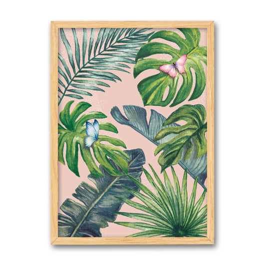 Framed artwork with tropical leaf design on a pink background