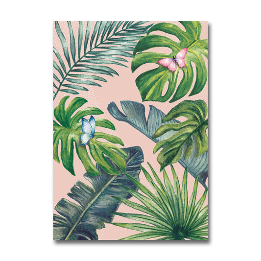 Art print with tropical leaf design on a pink background