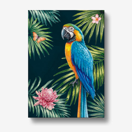 Colorful parrot illustration on a dark background with green leaves and pink flowers