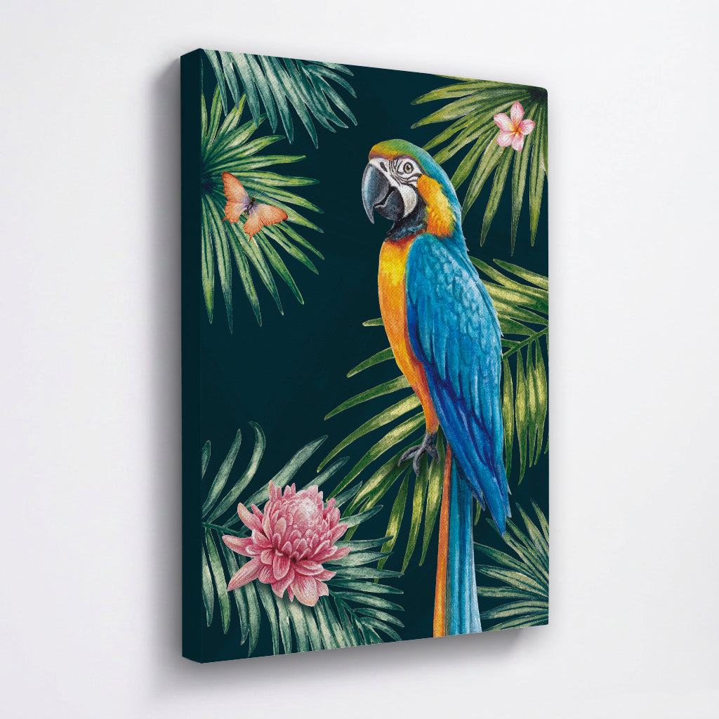Canvas print with a colorful parrot, butterfly, and flowers on a dark green background