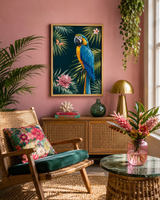 A framed tropical art print featuring a blue and yellow macaw parrot with pink flowers and green leaves, displayed on a dusty pink wall in a styled living room with a rattan armchair, green cushions, and a gold lamp.