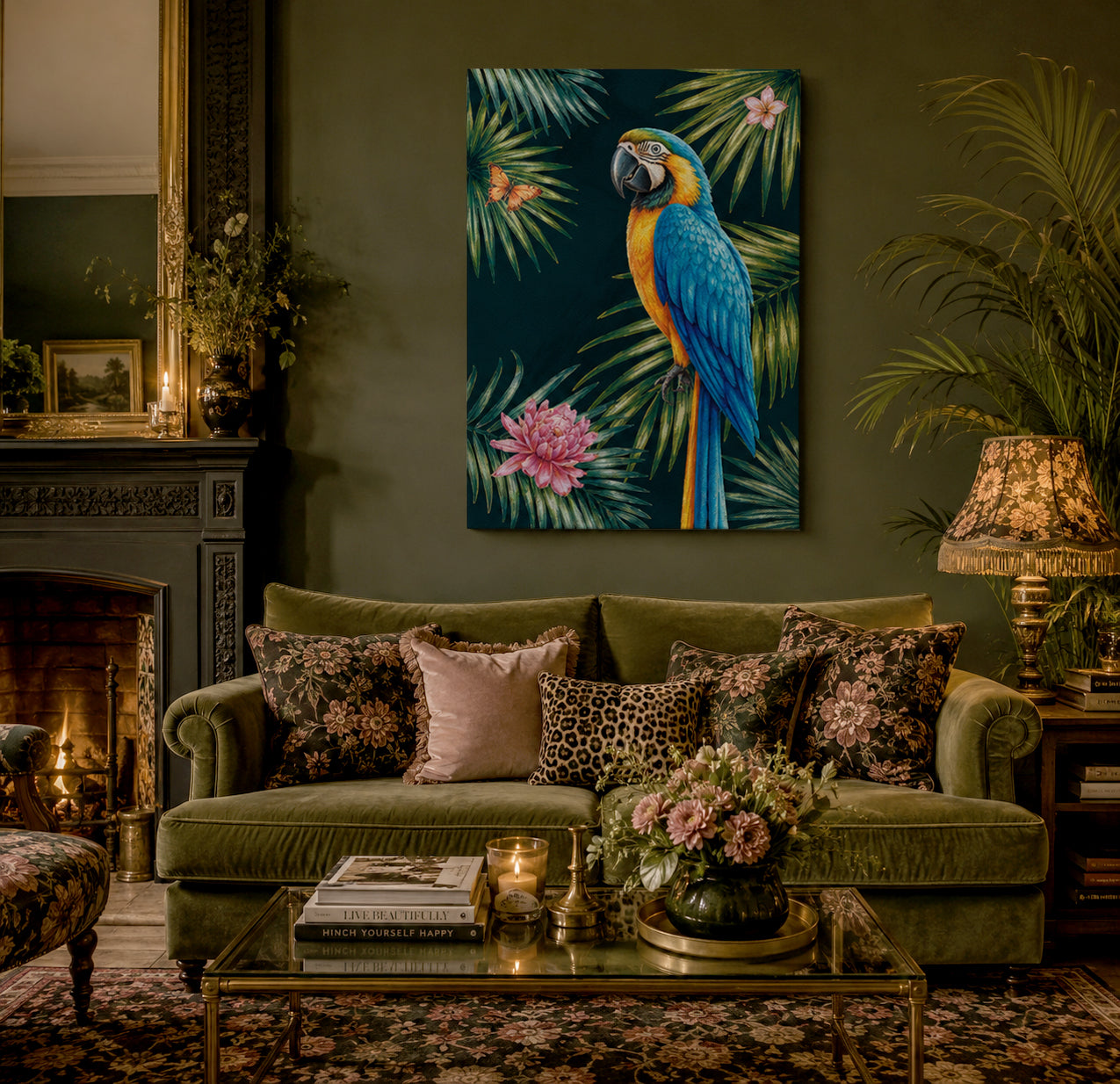 Living room with a green sofa, decorative pillows, and a parrot painting on the wall.