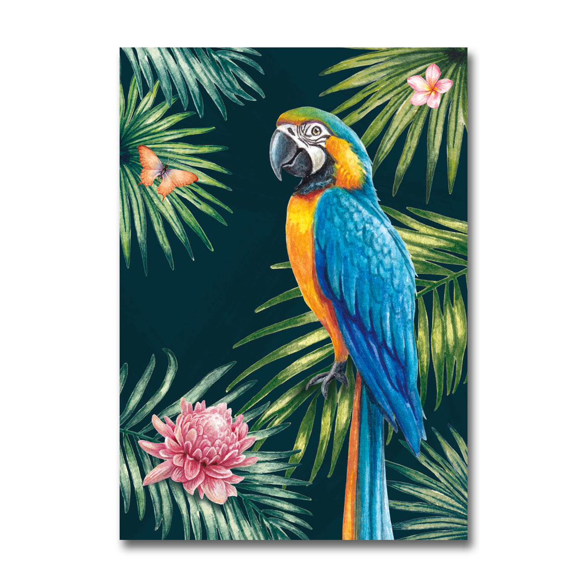 Colorful parrot on a tropical leaf and flower background