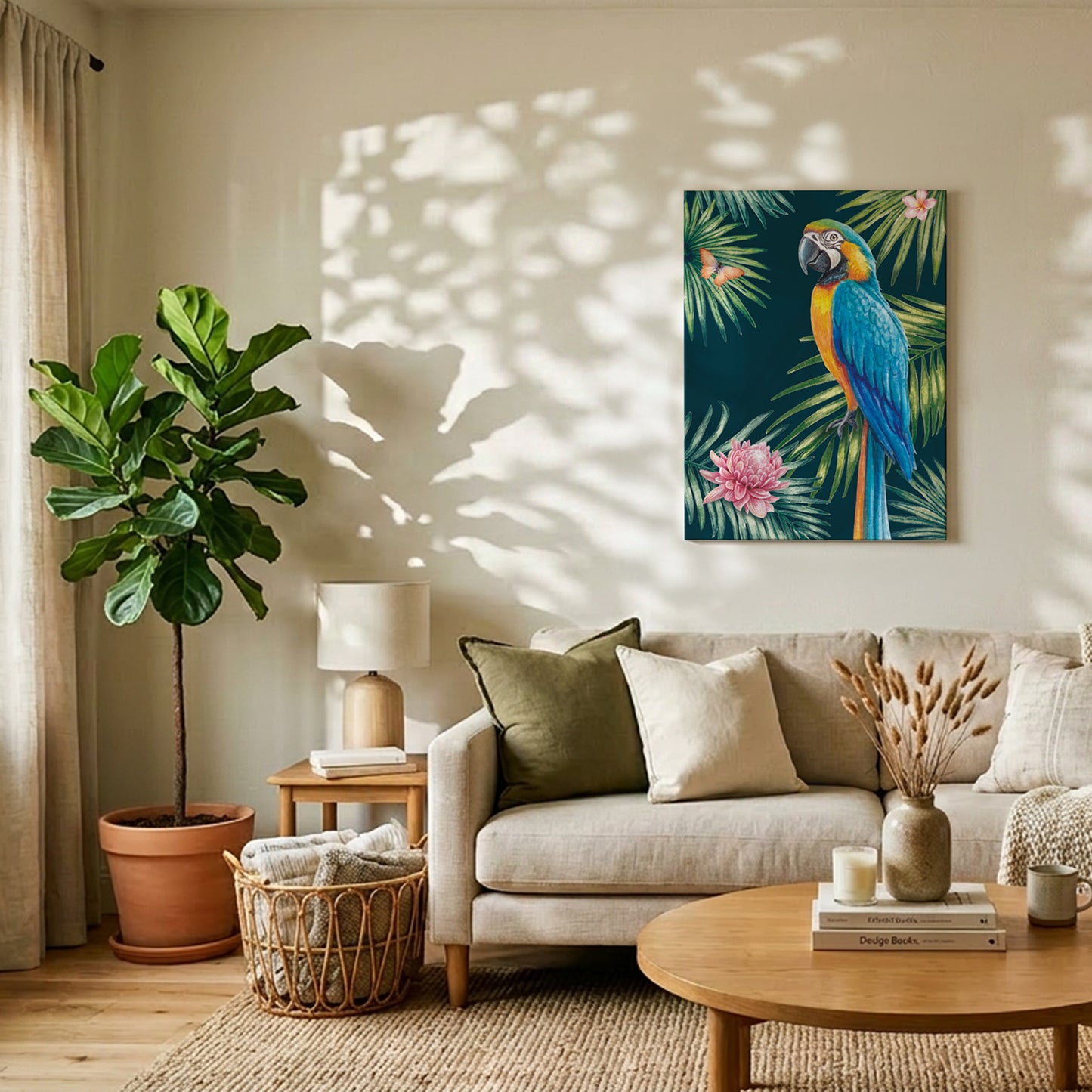 Living room with a couch, coffee table, and decorative items including a parrot art print on a stretched canvas.