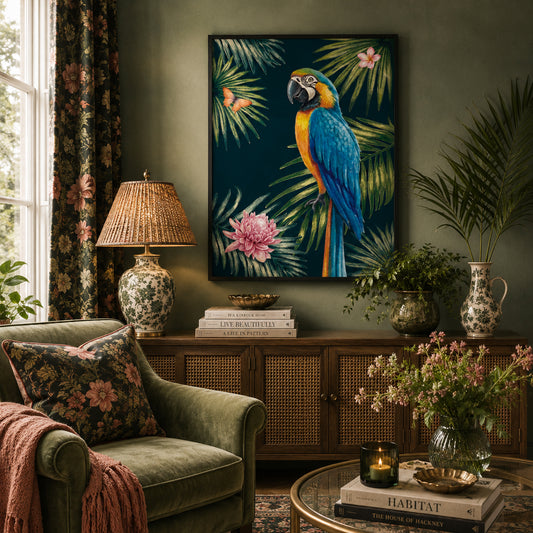 Living room with a parrot painting on the wall, floral-patterned chair, and decorative items.
