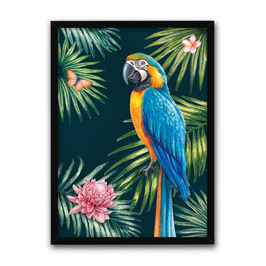 Framed artwork of a colorful parrot with tropical leaves and flowers on a dark background
