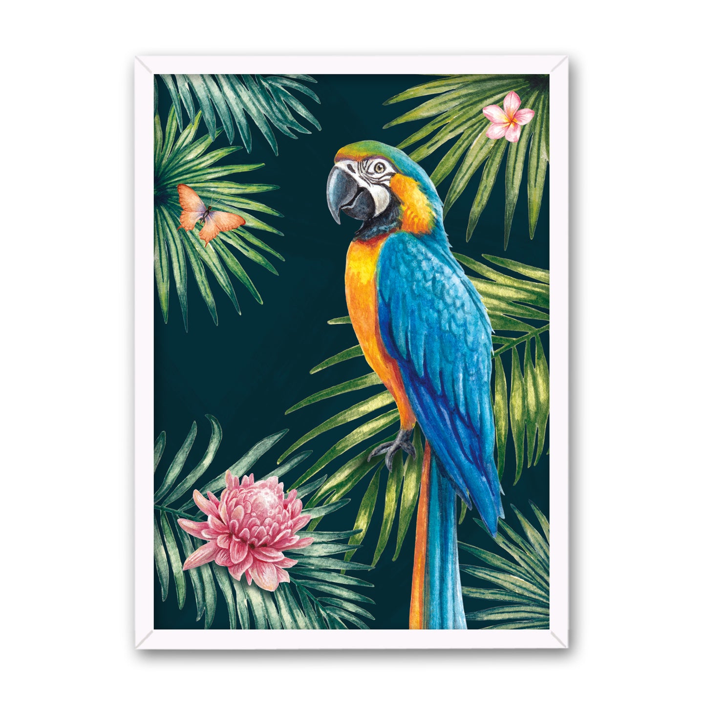 Framed artwork of a colorful parrot on a tropical leaf and flower background
