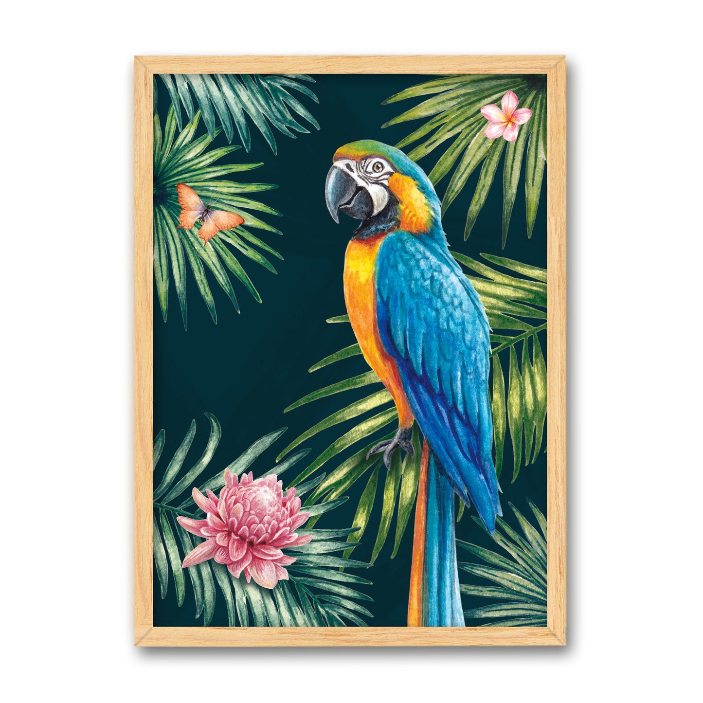 Framed artwork of a colorful parrot with tropical leaves and flowers on a dark blue background.