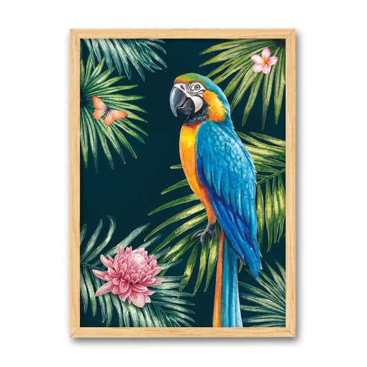 Framed artwork of a colorful parrot with tropical leaves and flowers on a dark blue background.