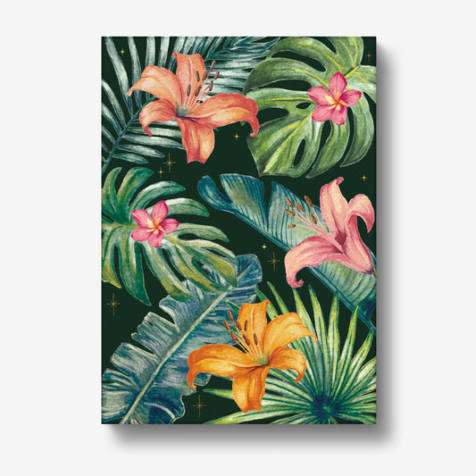 Tropical floral design with pink and orange flowers on a dark green background