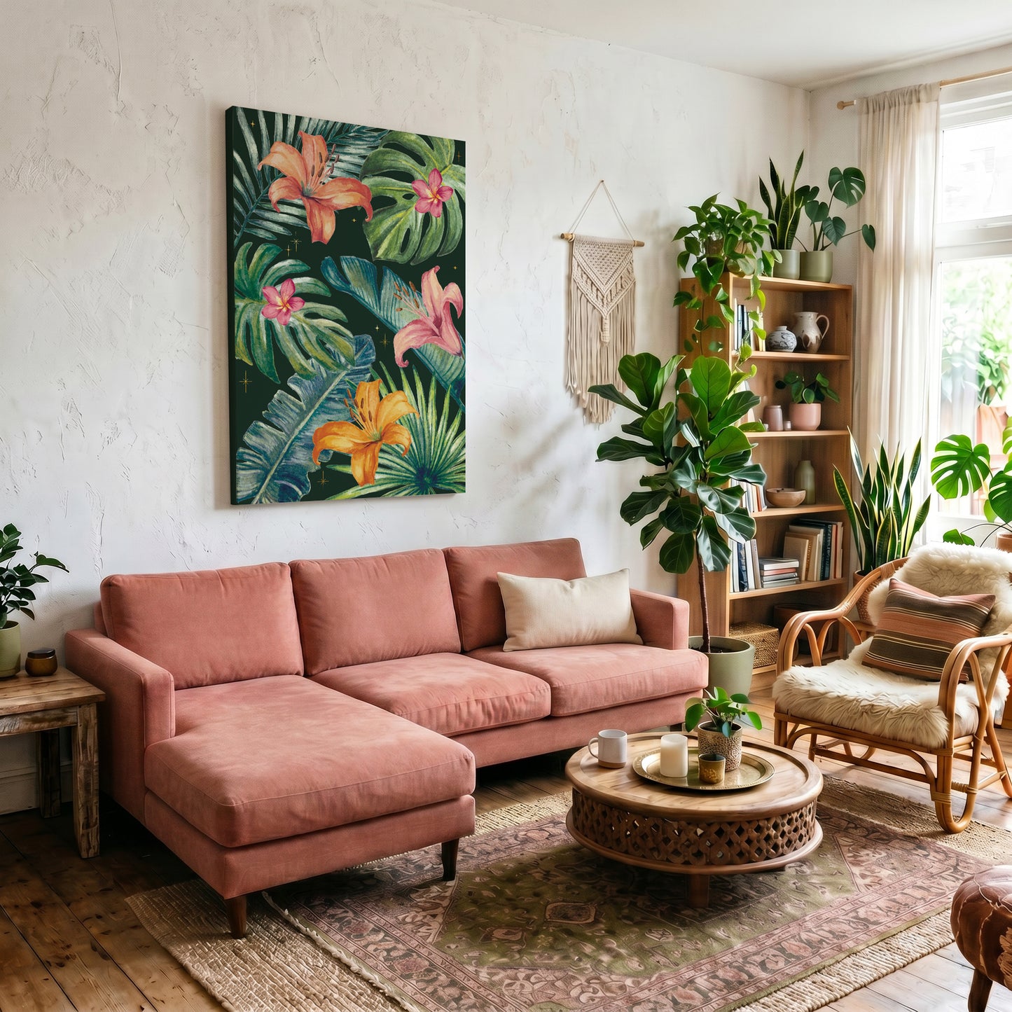 Living room with pink sectional sofa, coffee table, and decorative plants. There is a tropical leaf and flower canvas art print on the wall.