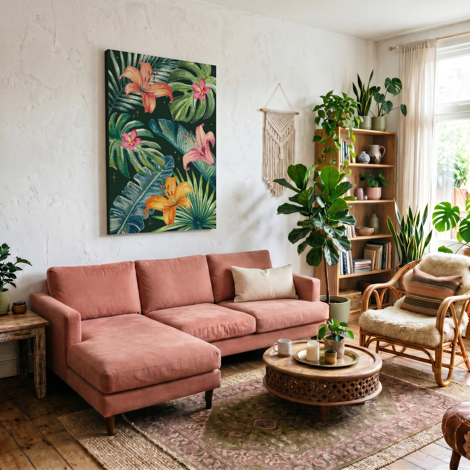 Living room with pink sectional sofa, coffee table, and decorative plants. There is a tropical leaf and flower canvas art print on the wall.