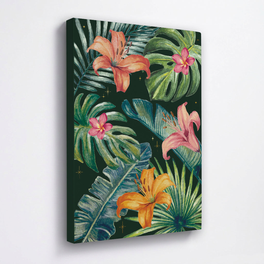 Canvas print with tropical leaves and flowers on a white background