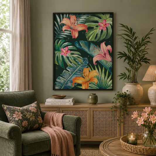 Living room with a floral painting on the wall, green sofa, and decorative items.