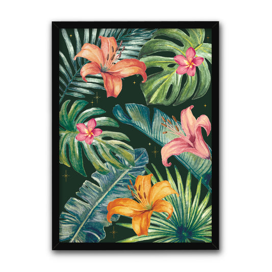 Framed artwork of tropical flowers and leaves on a dark background in a black frame