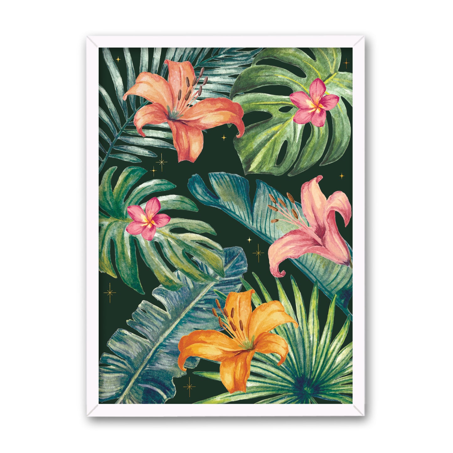 Framed artwork of tropical leaves and flowers on a dark green background in a white frame