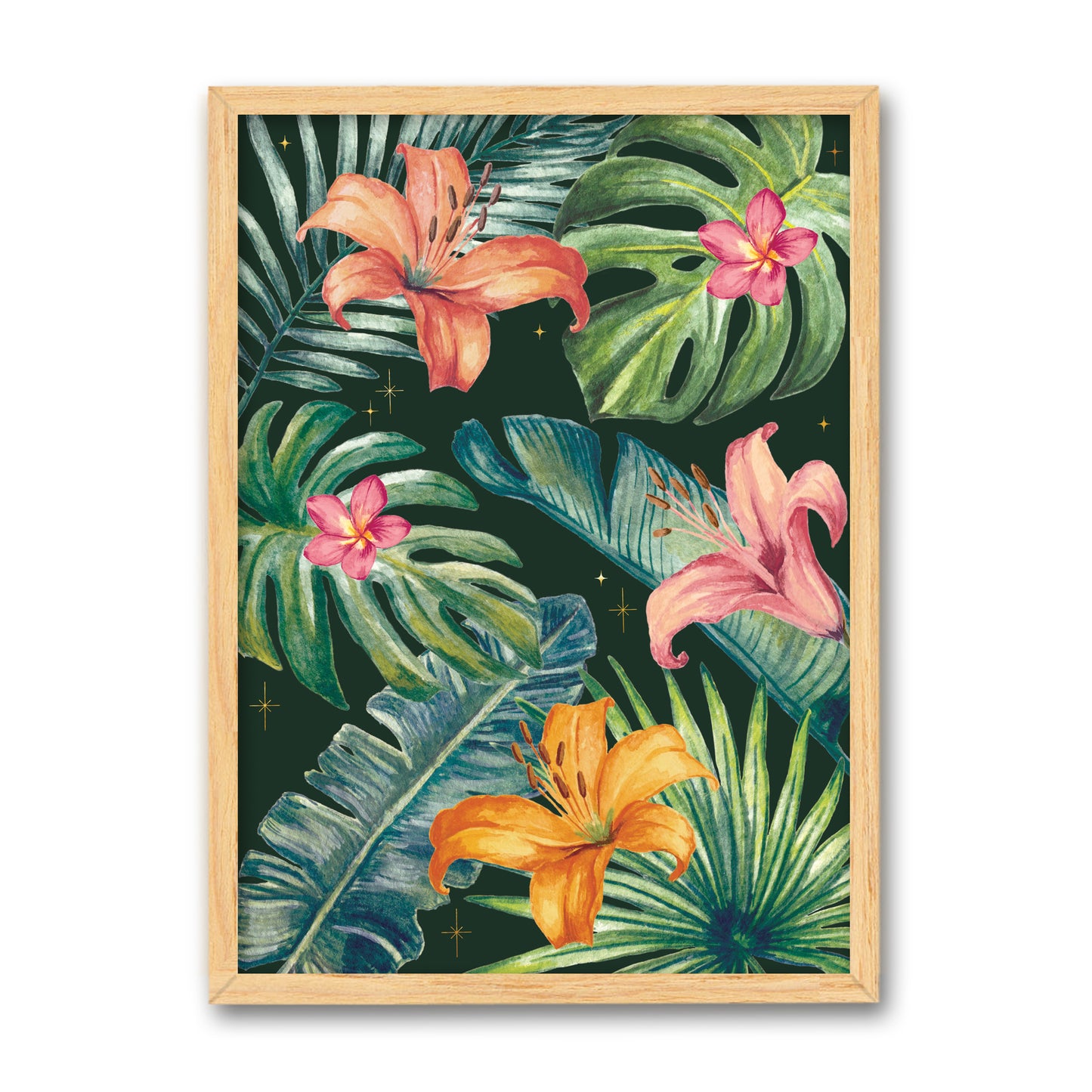Framed artwork of tropical flowers and leaves on a dark background in a wooden frame