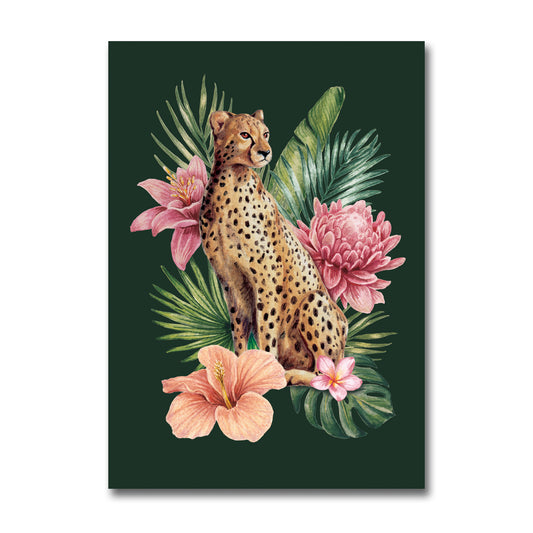 Poster with a cheetah surrounded by tropical flowers and leaves on a dark green background