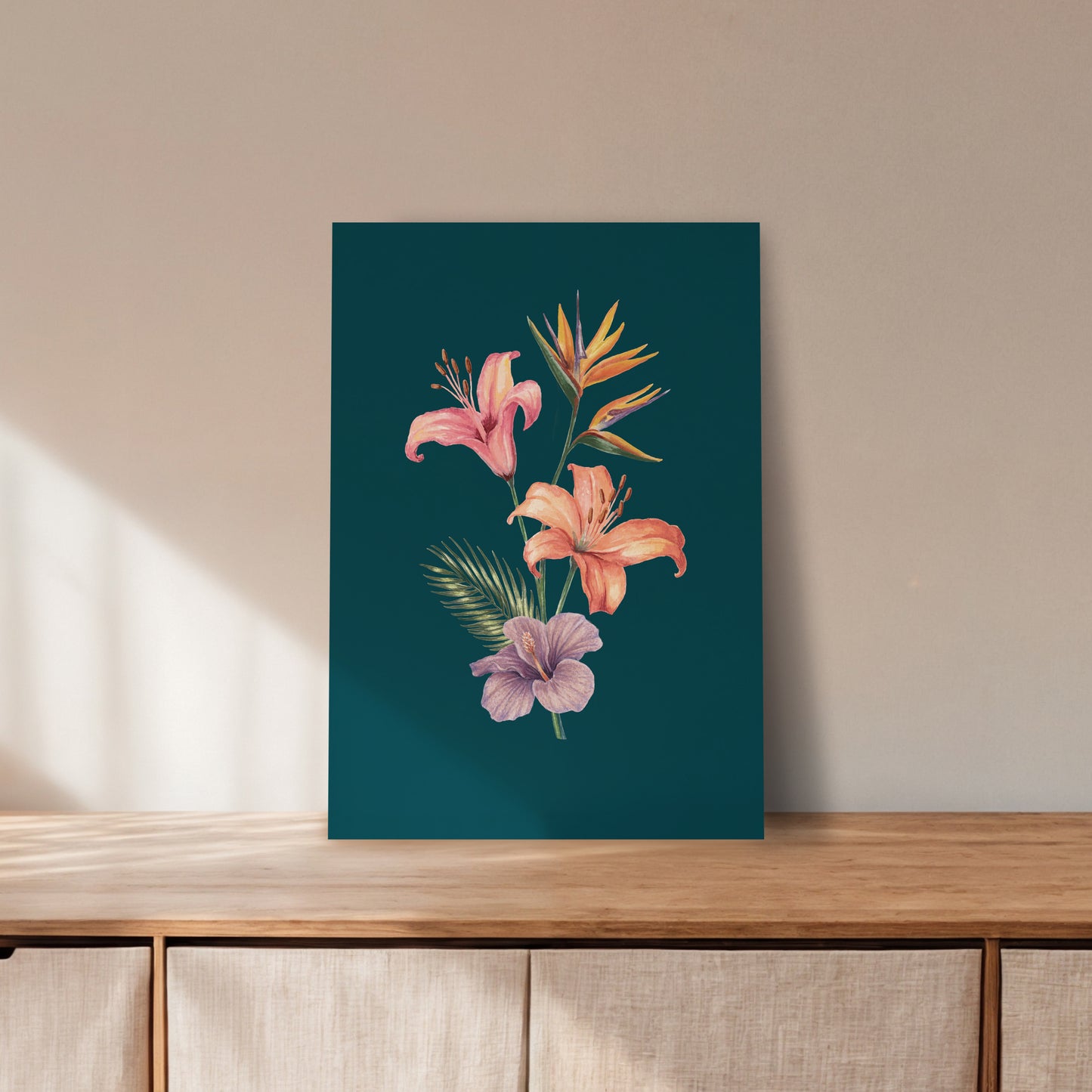 Floral painting on a blue background on a wooden surface with a beige wall.