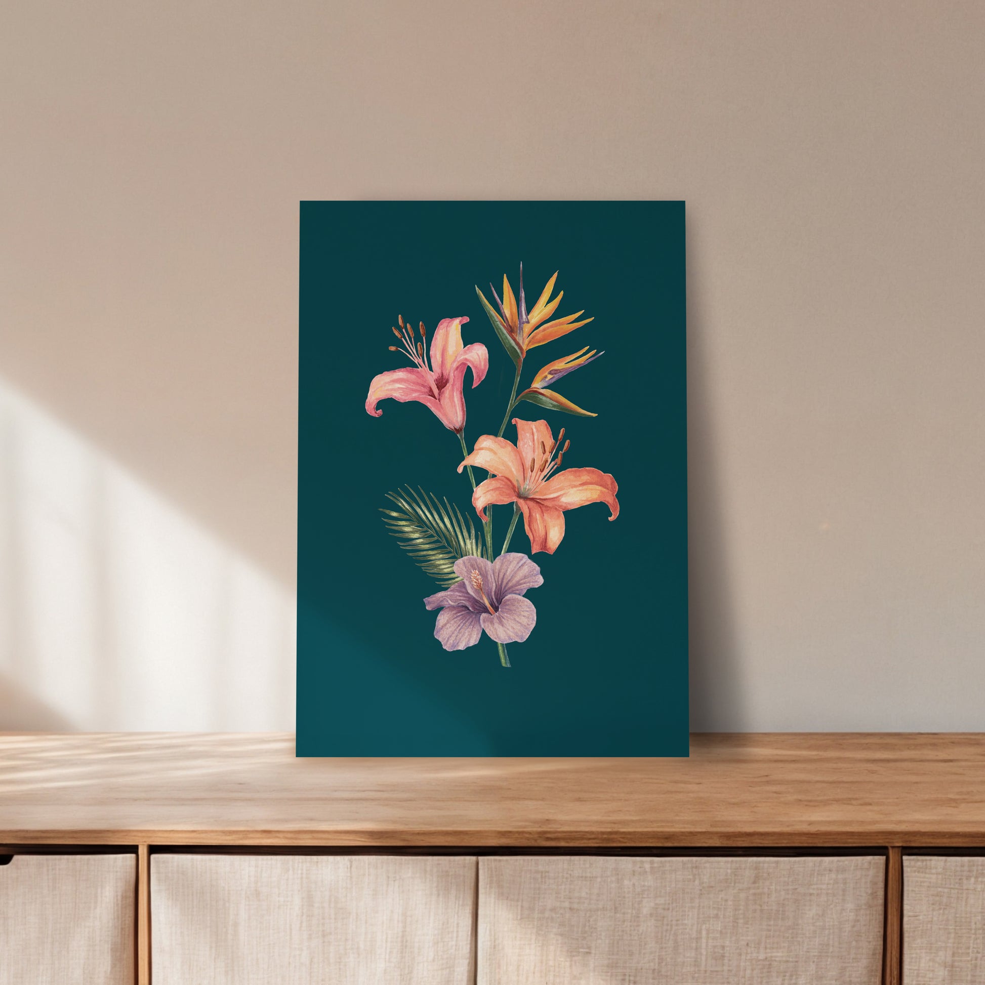 Floral painting on a blue background on a wooden surface with a beige wall.