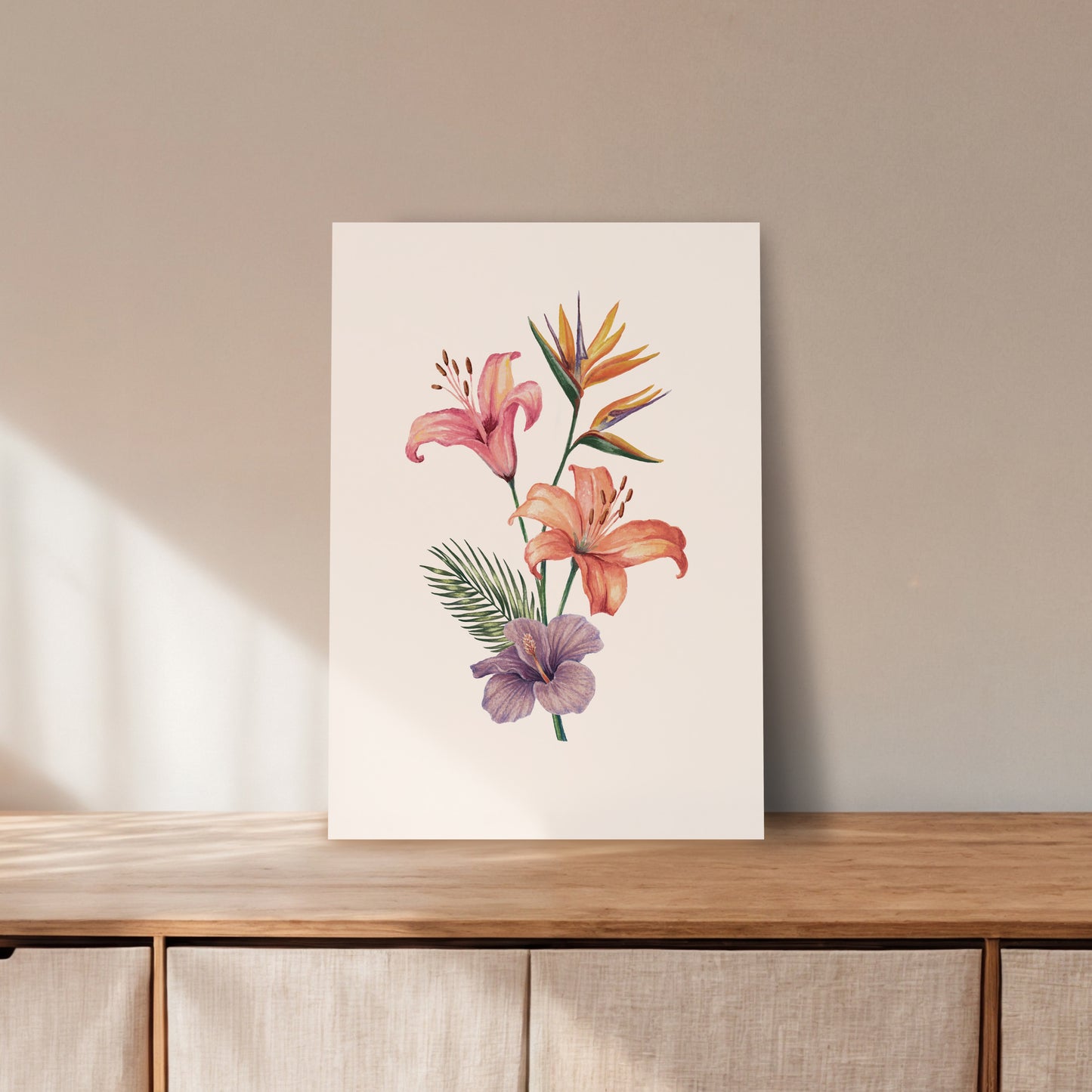 Floral artwork against a beige wall